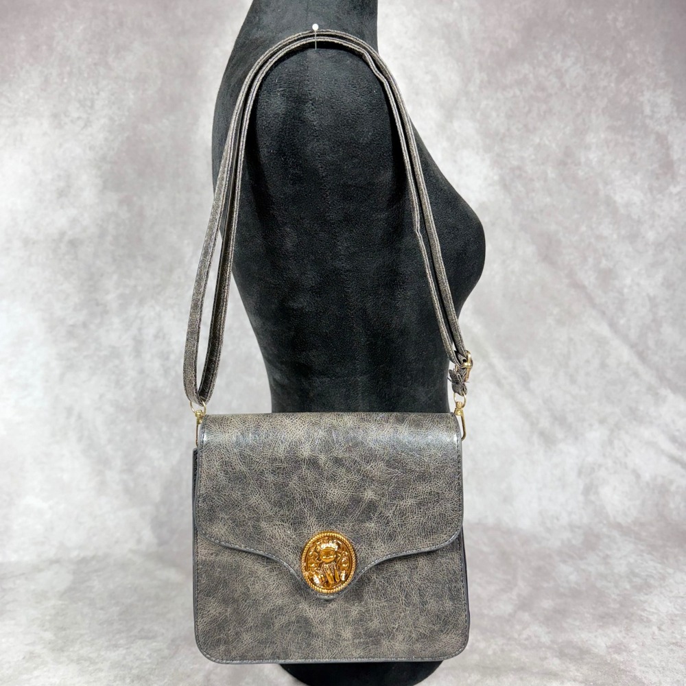 Vtg 90s Y2K Teddy Bear Medallion Crossbody Bag Gray Distressed Shoulder Purse